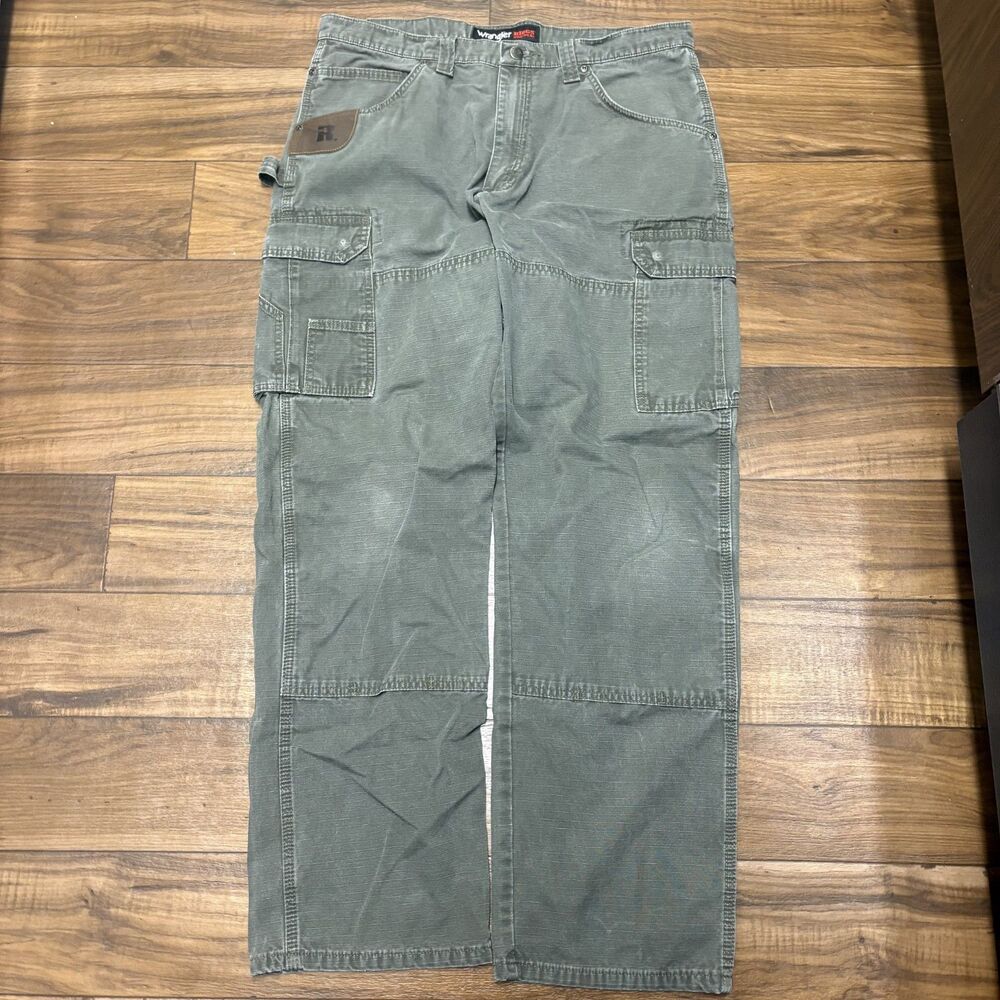 Wrangler Riggs Workwear Double Knee Canvas Carpenter Green Pants Mens Size 36x32